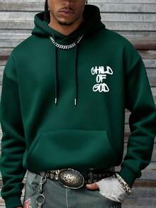 男士秋冬休閒時尚街頭風字母印花袋鼠口袋抽繩連帽衛衣 - 綠色 - 查看 2