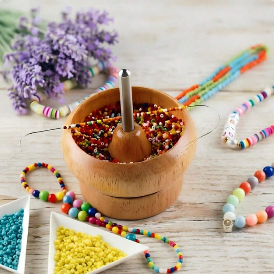 Bead Bowl, Beading Tool, Suitable For Rapid Threading - Perfect For Bead Makers, Jewelry Manufacturers And Designers - Wooden Bowl With Large Eye Needles - Saves Time And Efficiently Loads Seed Beads