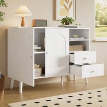 Minimalist-Style Locker/ Storage Cabinet With 2 Drawers And 2 Open Compartments/ Wooden Handles And Feet / Versatile Storage Options / Suitable For Living Room, Dining Room And Hallway - 白色 - 查看 6