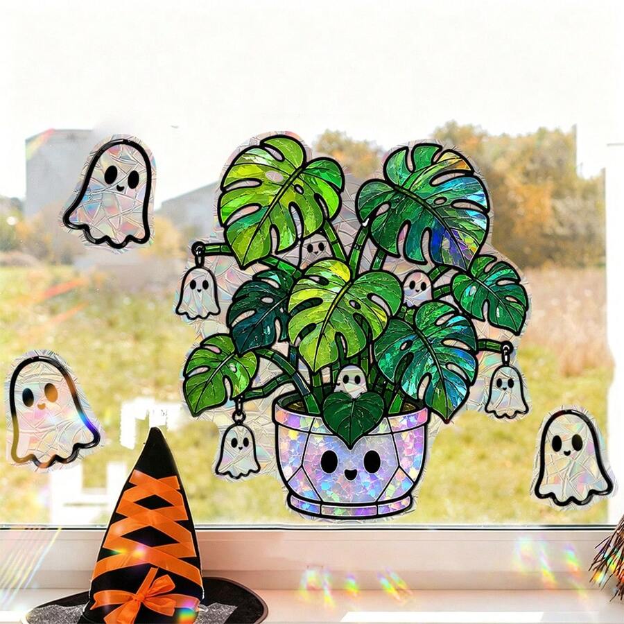 1/4pcs Holographic Monstera Ghost Static Window Clings Rainbow Prism Plant Ghost Decals Removable PVC Halloween Glass Stickers For Home Party Window Decor Gift - Multicolor - View 1