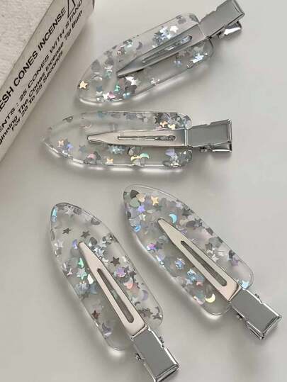 2件組女款銀色星星亮片髮夾，透明樹脂亮片設計，防滑瀏海髮夾，Y2K風格女式飾品