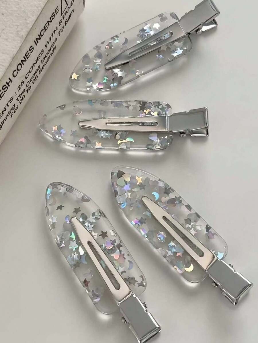 2件組女款銀色星星亮片髮夾,透明樹脂亮片設計,防滑瀏海髮夾,Y2K風格女式飾品 - 彩色 - 查看 1