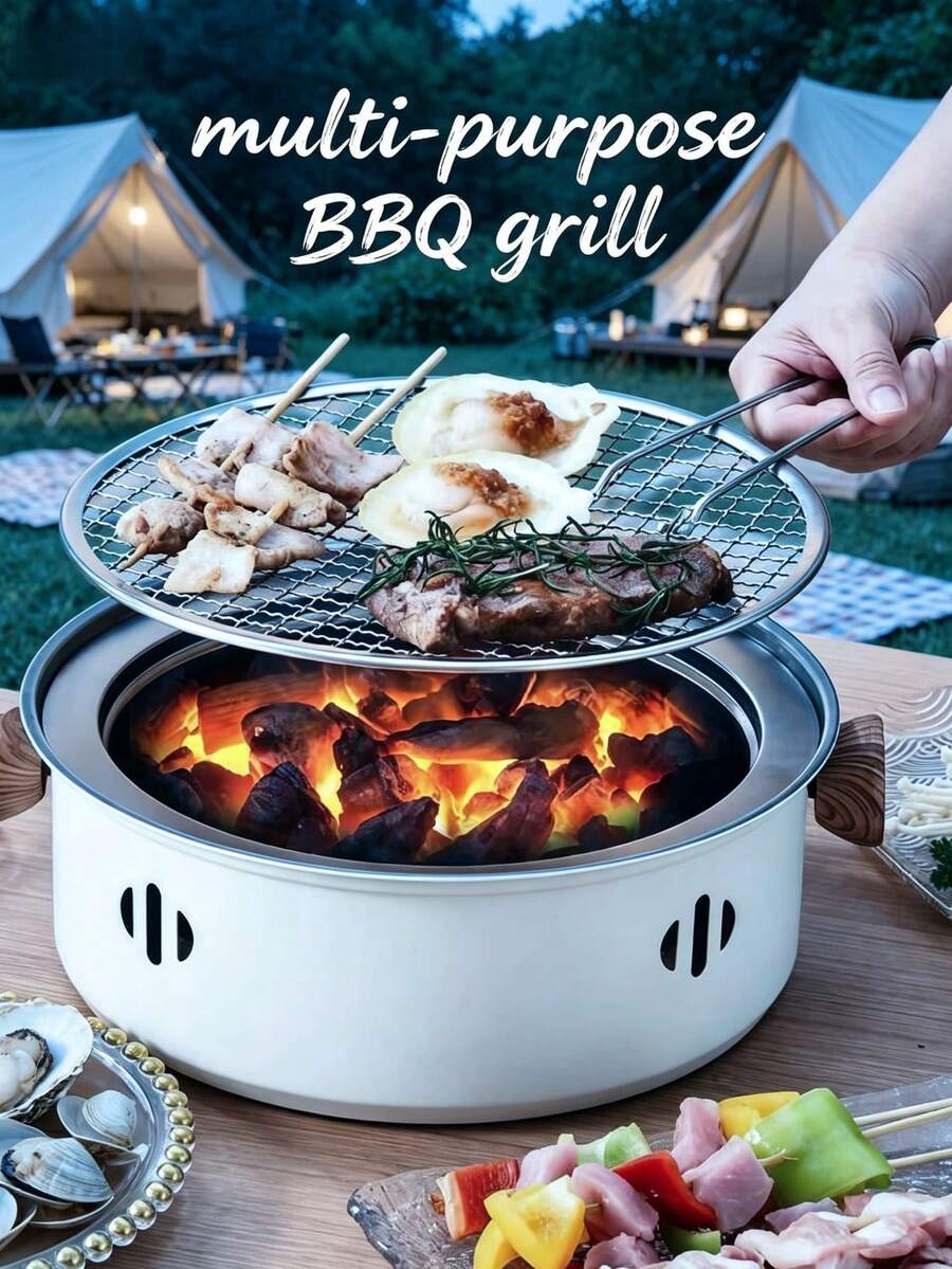 Dual-Purpose Portable Smokeless Desktop Charcoal/Wood BBQ Grill, Suitable For Tea Brewing And Grilling, Compact Design, Ideal For Indoor Korean BBQ, Camping And Picnic, Comes With Griddle, Grill Rack And Kitchen Utensils, Perfect For Roasting Meat, Home And Outdoor Use - A - View 1