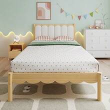 Children's Upholstered Bed, Single Bed, Padded PU Headboard, Elegant Wave Design - Beige - View 5