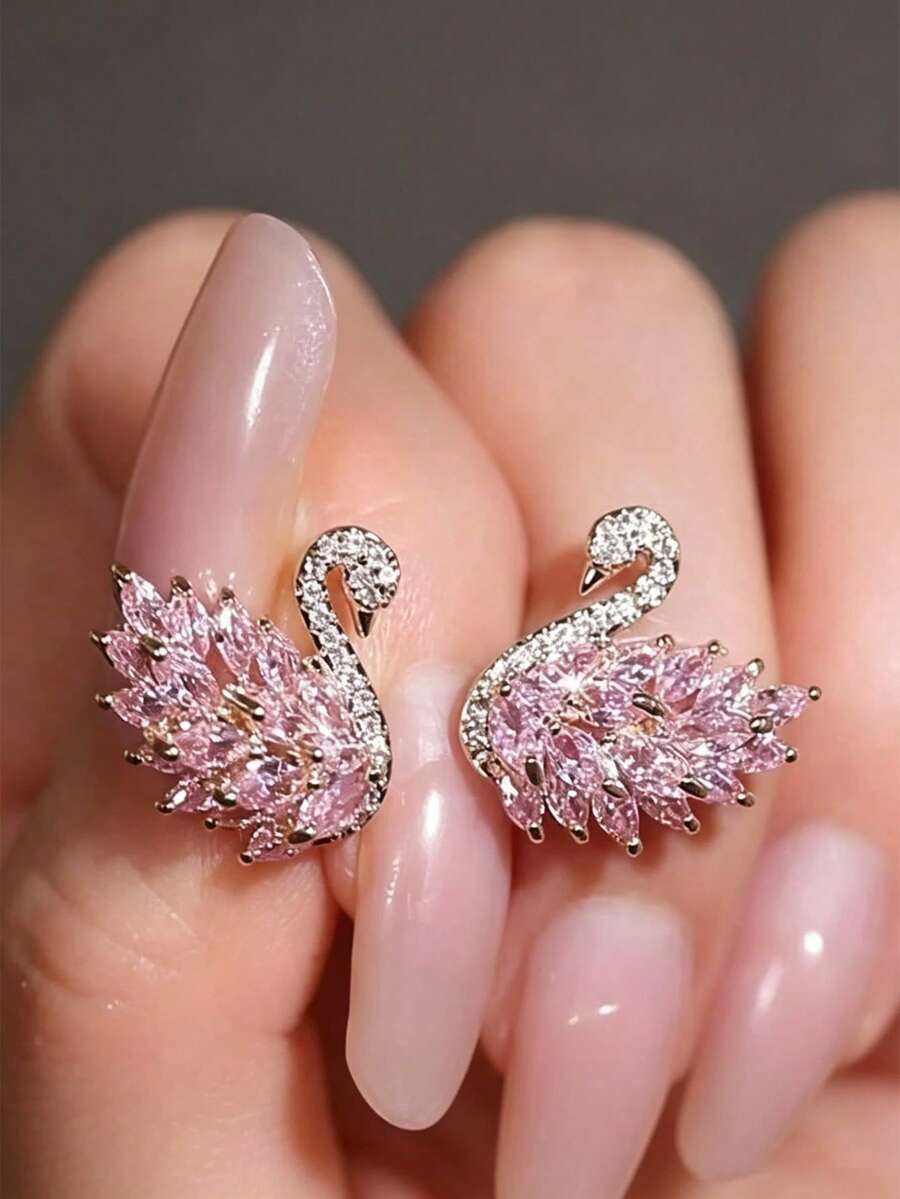 1 Pair Women's Pink Crystal Swan Earrings, Inlaid With Shiny Cubic Zirconia, Elegant Animal Design, Suitable For Daily Wear And Occasions - Silver - View 1