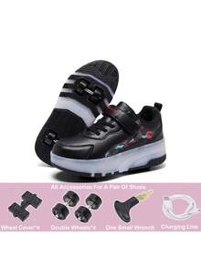 BLSART New Kids 4-Wheel Retractable LED Light-Up Rechargeable Hidden Wheel Colorblock Leather Hook & Loop Roller Skate Shoes, Unisex Daily Commute Flashing Sports Shoes - Black - View 17