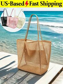 Large Mesh Beach Bag For Women Sandproof Tote Shoulder Handbag Travel Bag Makeup Bag Toiletry Bag Summer Pink Purse For Pool Travel Picnic Vacation - 彩色 - 查看 11