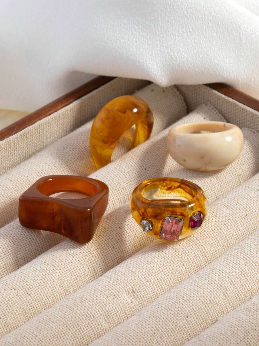 Set Of 3 Fashionable Elegant Minimalist Coffee Gradient Tie Dye Rhinestone Rings Suitable For Women's Daily Wear And Party - Multicolor - View 1