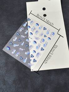 1pc Blue Floral Cat Evil Eye Nail Stickers Gradient Heart Nail Sliders Self-Adhesive Disposable Embossed Nail Decor INS Style Suitable For Holiday Party Daily - 彩色 - 查看 2