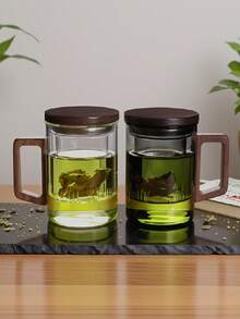 1件 13.5盎司/400毫升玻璃茶壺附濾茶器，玻璃茶壺，適用於散裝茶葉的茶濾器，附濾茶器茶壺，附蓋可浸泡的馬克杯，實木手柄，微波爐適用，適合茶、咖啡、牛奶，適用於客廳、廚房、辦公室、茶會 - 彩色 - 查看 13