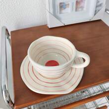 250ml Hand-Painted Underglaze Ceramic Coffee Cup And Saucer, Vintage Ins Style Coffee Shop Afternoon Tea Cup, Suitable For Daily Use - Red - View 7