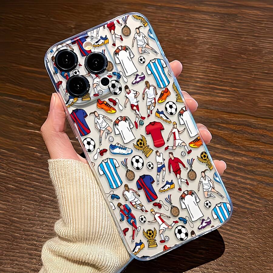 1件透明全螢幕足球塗鴉圖案手機殼，個性化保護殼，適用於 iPhone 16 Pro Max/17/16/15/14 Plus/13/12/11/Air 及系列 - 彩色 - 查看 1