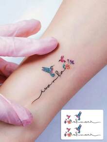 1 Pc Mini Watercolor Hummingbird Cursive Script Forearm Temporary Tattoo Stickers, Tender Sweet Tiny Floral Color Bird Fake Tattoo, Waterproof Personal Wrist Body Decor, Girls Collarbone Ankle Matching Ins Viral Temporary Tattoos - Multicolor - View 1