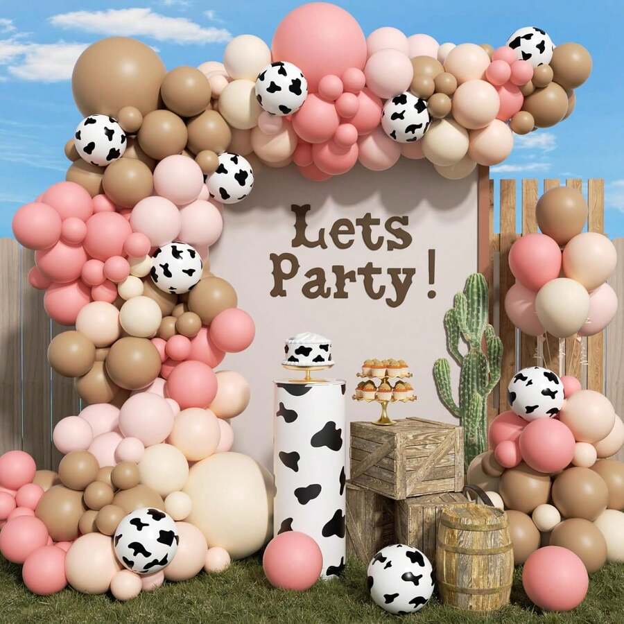133Pcs Pink Cow Balloon Arch Kit With Brown Sand White Nude Pastel Pink Brown Cow Print Balloons For My First Rodeo Farm Babyshower Bridal Shower Anniversary Graduation Wedding Birthday Party Decorations - Style 1 - View 1
