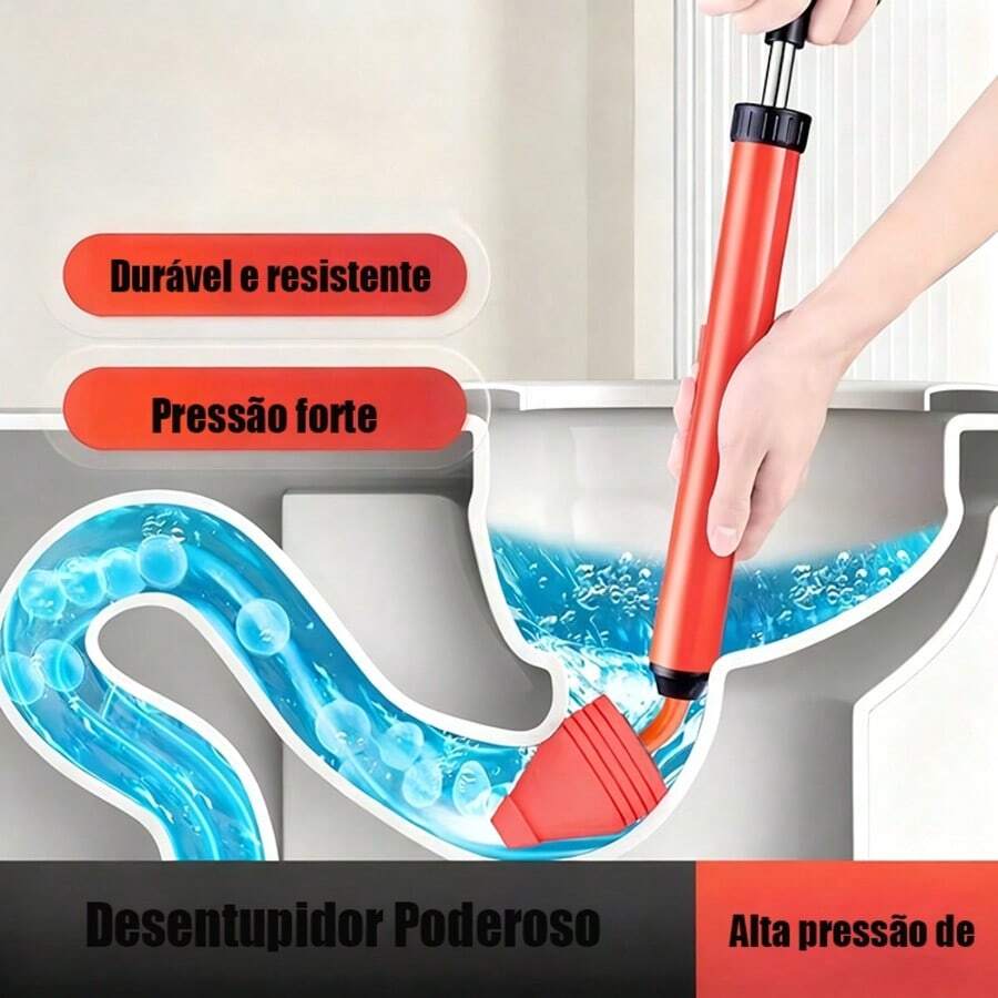 Desentupidor pneumático vermelho para ralos – Bomba de ar de alta pressão integrada, ideal para desentupir vasos sanitários e pias. Cabo ergonômico, perfeito para camping e limpeza de ralos domésticos. Design simples e intuitivo, ferramenta durável para desentupir ralos. - Vermelho - Visão 1