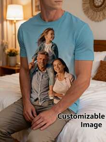 Custom Photo Men's Short Sleeve T-Shirt, Family Photo Print Pattern Casual Home Top, Christmas Birthday Gift For Dad, Husband, His Gift - Mint Blue - View 6