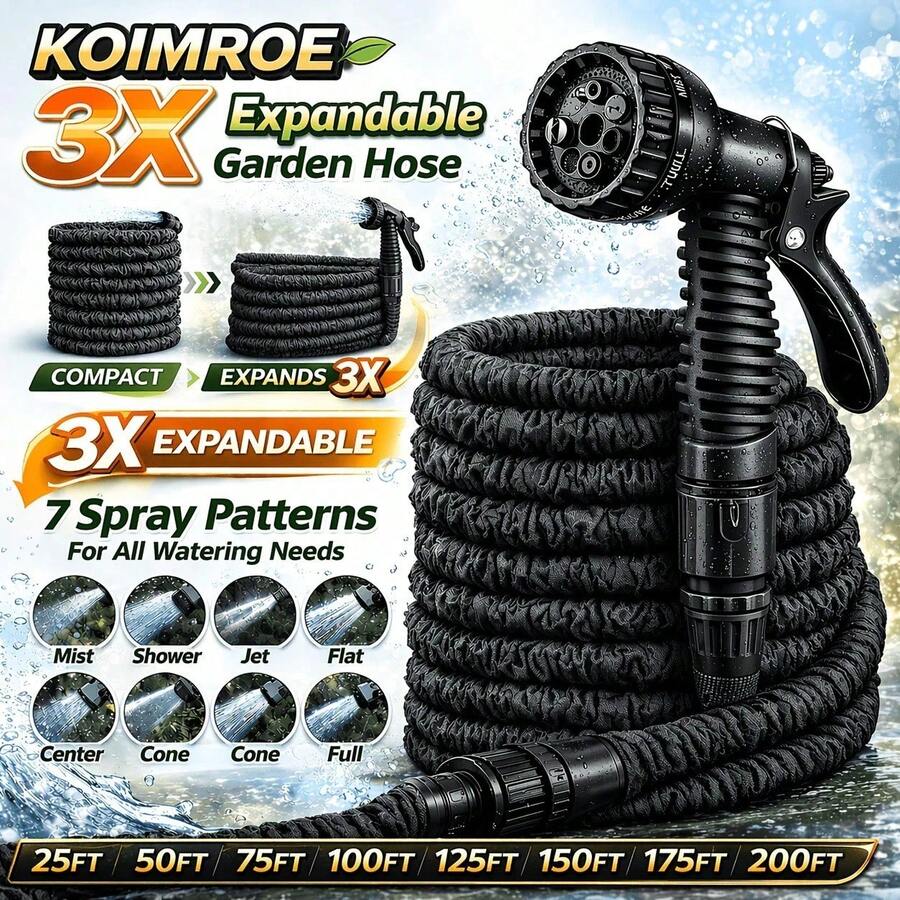 Expandable Elastic Hose, Equipped With 7 Adjustable Spray Heads, Suitable For Car Washing, Lawn Watering, Plant Care And Pet Bathing, Can Be Used Year-Round, Made Of Hose And Connector. - Black - View 1
