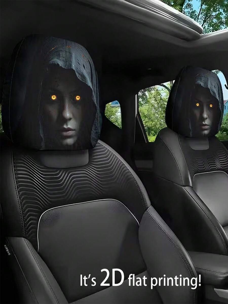2 Pieces Modern Style Hooded Eye-Catching Mysterious Woman Pattern Car Headrest Cover, Upgrades Interior Decoration, Showcases Unique Charm, Elastic Design, Easy Installation Suitable For All Models, Applicable In All Seasons, Women's Car Accessories - [Double-sided Printing]2pcs - View 1