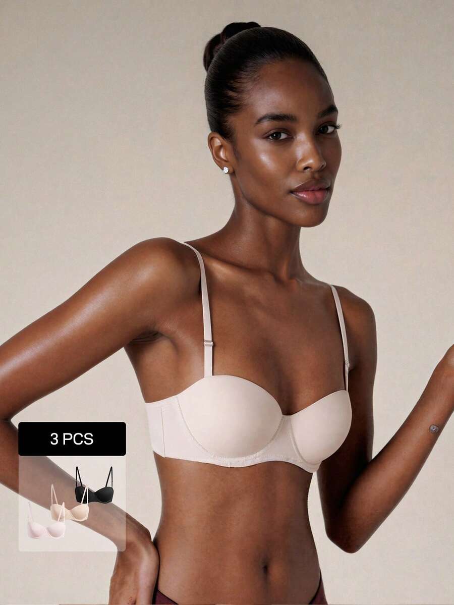 Veilyse 3pcs Solid Color Bras, Comfortable Lift & Support, Underwire, Detachable Straps, Versatile Wear, Suitable For Dates, Vacations, Daily Wear, Weddings