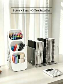 1/2pcs Desktop Storage Set, Bookend & 3-Tier Pen Holder, Adjustable Transparent PET Desktop Organizer, Space-Saving Stationery Storage, Suitable For Office, Home, School Study Room - Multicolor - View 2