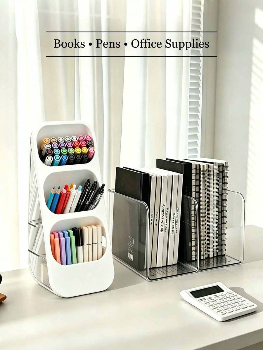 1/2pcs Desktop Storage Set, Bookend & 3-Tier Pen Holder, Adjustable Transparent PET Desktop Organizer, Space-Saving Stationery Storage, Suitable For Office, Home, School Study Room