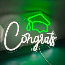 1件 Congrats Grad LED 霓虹燈牌 - USB供電可調光牆飾，畢業帽與香檳杯設計，手寫體風格燈光，適用畢業派對、居家辦公慶祝，耐用塑料材質，畢業裝飾，派對氛圍燈光，裝飾，工廠直供 - 綠色,白色 - 查看 5