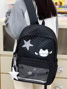 Fresh Polka Dot Cat Backpack, INS Style, Water-Resistant, Multi-Pocket, College Style Student School Bag, Water-Resistant And Durable Fabric, Large Capacity Daily Commute Backpack, 3D Embroidered Star Cat And Music Note Transparent Front Pocket, Wide Pressure-Relief Shoulder Straps For Long-Term Wear Without Shoulder Pressure, Layered Storage Compartments For Books, Tablets, Stationery, Side Pockets For Water Bottles And Umbrellas, Suitable For Students' Classes, Tutoring, Short Trips, Shopping, Back To School Season - Multicolor - View 8