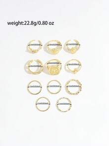 11 piezas Anillos de cruz religiosa vintage, diseño de nicho con corazón de strass, set de múltiples piezas de anillos apilables, joyería de mano versátil de estilo hip-hop para mujer - Dorado - Ver 6