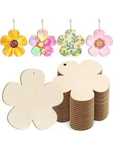 12/24pcs DIY Wooden Floral Decorations - With 10m Jute Rope, Suitable For Hanging, Flower-Shaped Decor, Wooden Floral Cutouts, Floral - A - View 7