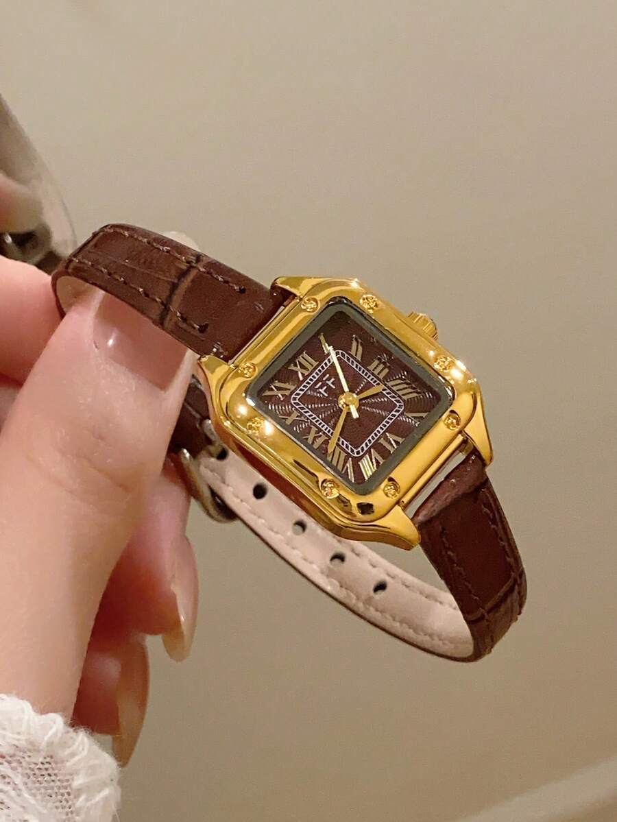 1 pièce Montre-bracelet à quartz ovale avec chiffres romains, style décontracté et élégant pour femmes, convient pour le port quotidien - Tabac - Voir 1