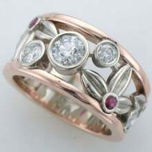 Two-Tone Hollow Wide Band Ring, Hollow Leaf And Flower Design, Inlaid With Round Red Synthetic Zirconia, Date, Valentine's Day Gift - Rose Gold - View 1