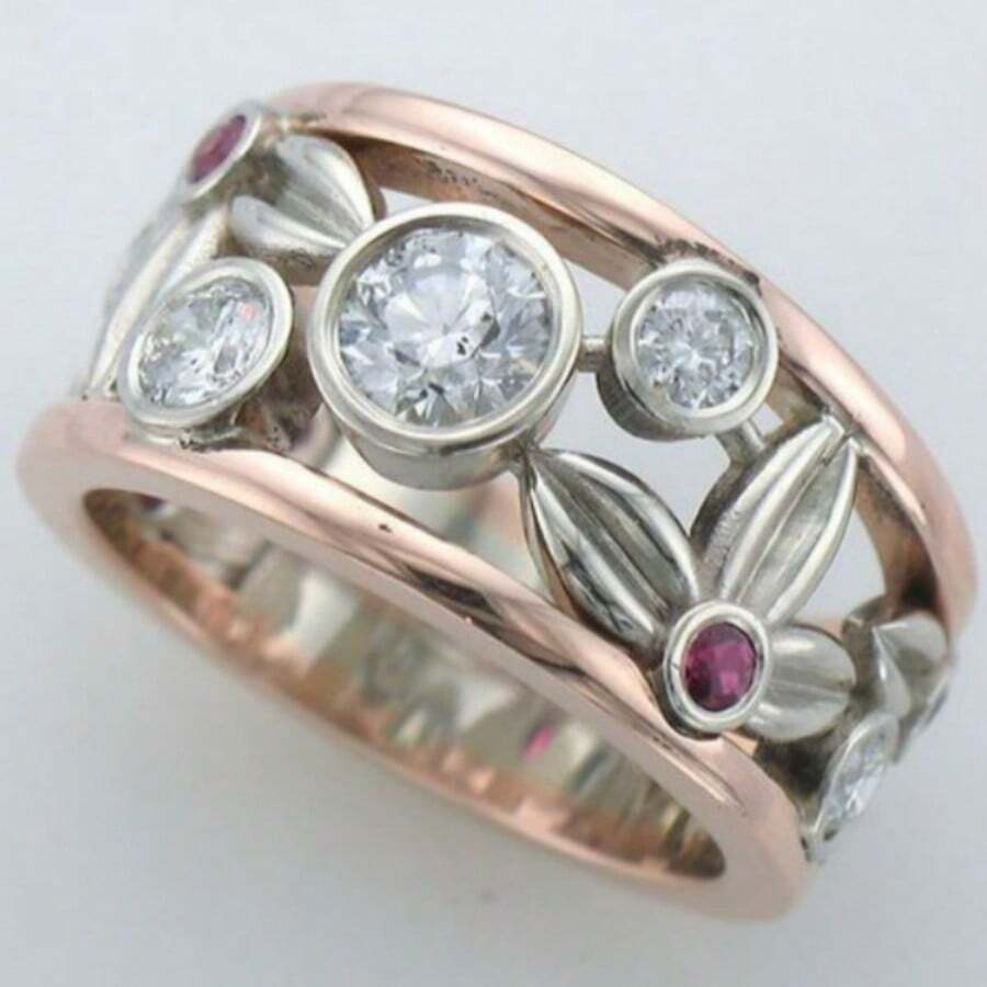 Two-Tone Hollow Wide Band Ring, Hollow Leaf And Flower Design, Inlaid With Round Red Synthetic Zirconia, Date, Valentine's Day Gift - Rose Gold - View 1