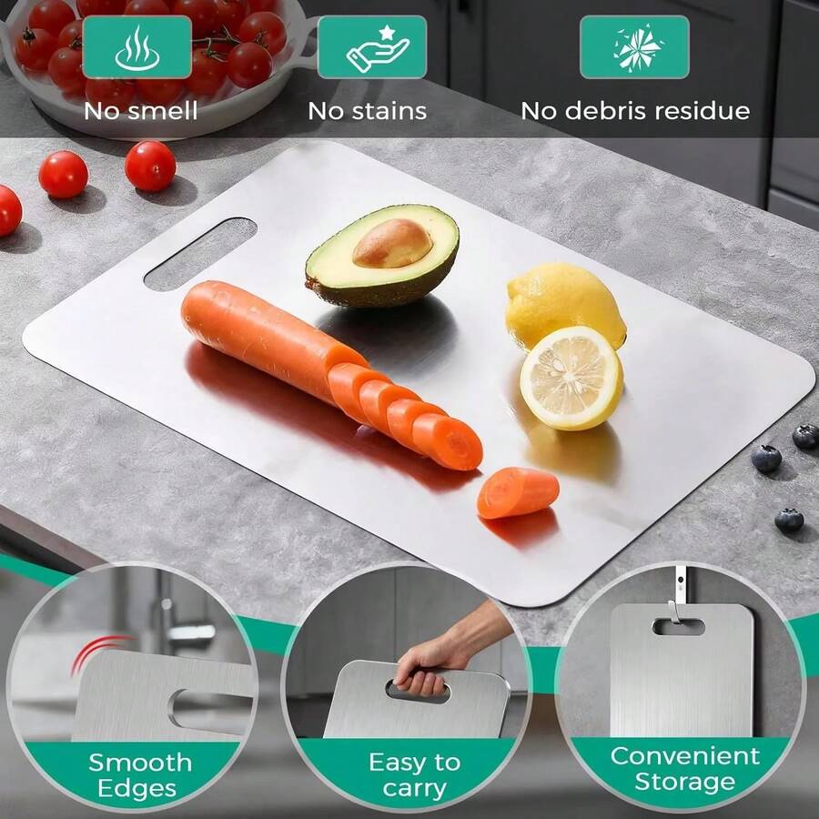 Stainless Steel Cutting Board, Non‑Odor Rust‑Proof Kitchen Chopping Board, Smooth Edge Design, Easy‑Carry & Hanging Storage Cutting Mat For Fruits Vegetables Meat - 1PC - 查看 1