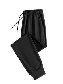 Men's Casual Lightweight Sports Pants, Slightly Loose Tapered Leg, Suitable For Home And Outdoor Activities. Made Of 100% Polyester, With Drawstring Waist For Easy Adjustment - Black - View 3