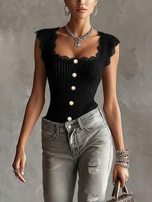 Women's Solid Square Neck Lace Patchwork Button Design Summer Retro Elegant Slim Knit Sleeveless Vest – French Street Style Wear - Black - View 1