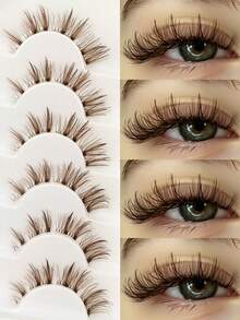Sibeuna 6 Pairs Wet Glossy Brown Voluminous Dramatic False Eyelashes, Full Messy Charming Style, Transparent Band Reusable, Curly Thin Lash Extensions Makeup Tool - Comic wet eyelashes - View 2
