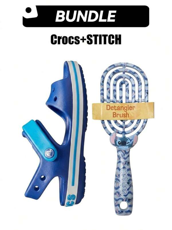 [Crocs+STITCH] Conjunto de Sandalias Crocs Azul Cerúleo para Niños & Cepillo Desenredante Disney Stitch – Ligero, Impermeable, Suave
