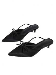Black Satin Thin Strap Bow Pointed Toe Kitten Heel Mule Slippers Women's Low Heel Commuter All-Season Shoes - Black - View 4