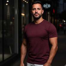 American Ribbed Fitted T-Shirt, Gringa Style, Slim Fit, Casual, Premium Men's Spring/Summer - Maroon - View 2