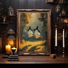 1pc Canvas Wall Art, Framed Wall Decor, Vintage Oil Painting Of Two Ghosts Wearing Wizard Hats And Riding Brooms In Autumn Forest, Atmospheric Halloween Canvas Poster, Dark Academia Vintage Aesthetic Wall Decor, Suitable For Modern Home Decoration - Ghost Witch - View 11
