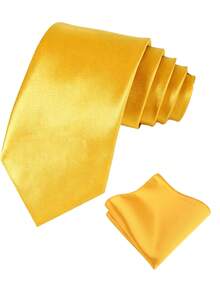 1 set herrslips och bröstnäsduk i enfärgad satin, 8 cm, affärslips- och bröstnäsdukset - Gul - Visa 2