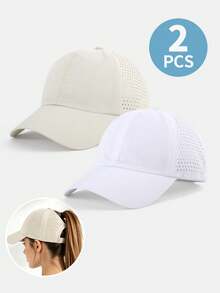 2 piezas Gorras de béisbol con agujero para coleta alta, gorras deportivas de malla perforada de secado rápido, gorras ajustables con protección solar y visera de pato - 2 piezas de secado rápido y transpirables - Ver 2
