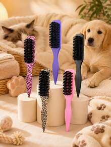Multi-Color Detangling Styling Brush, Leopard Print Plastic Hair Comb With Flexible Nylon Pins, Rounded Tips, Side Comb Teeth & Pointed Tail Handle, Wet Dry Hair Care Tool For Curly Wavy Thick Hair, Wigs, Women Daily Travel - Multicolor - View 7