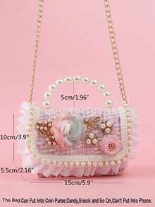 1pc Mini Kids Bag With Ruffled Flower, Alloy Leaf Decor, Pearl Applique, Beaded Handbag, Chain Shoulder Crossbody Bag, Snack Coin Purse For Girls, Suitable For Holidays And Daily Use - Woolen Alloy Fortune Tree - View 3