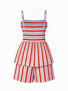 Vuslat Women's Summer Casual Commute Vacation Multi-Color Striped Print Ruched Pocket Camisole & Shorts 2-Piece Set, Suitable For Casual Vacation, Work Commute, Travel, Dating, Summer Holiday Casual Wear, Daily Wear, Back To School, Mexico Parade Outfit - Multicolor - View 5