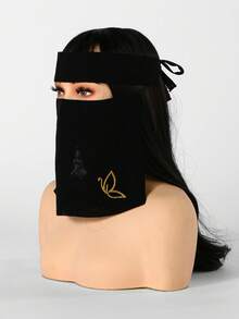 1 Buah Niqab Wanita Motif Kupu-kupu Biru Ungu, Masker Ringan dan Bernapas dengan Tali Pengikat - Topeng kupu-kupu hitam-biru-ungu - View 7