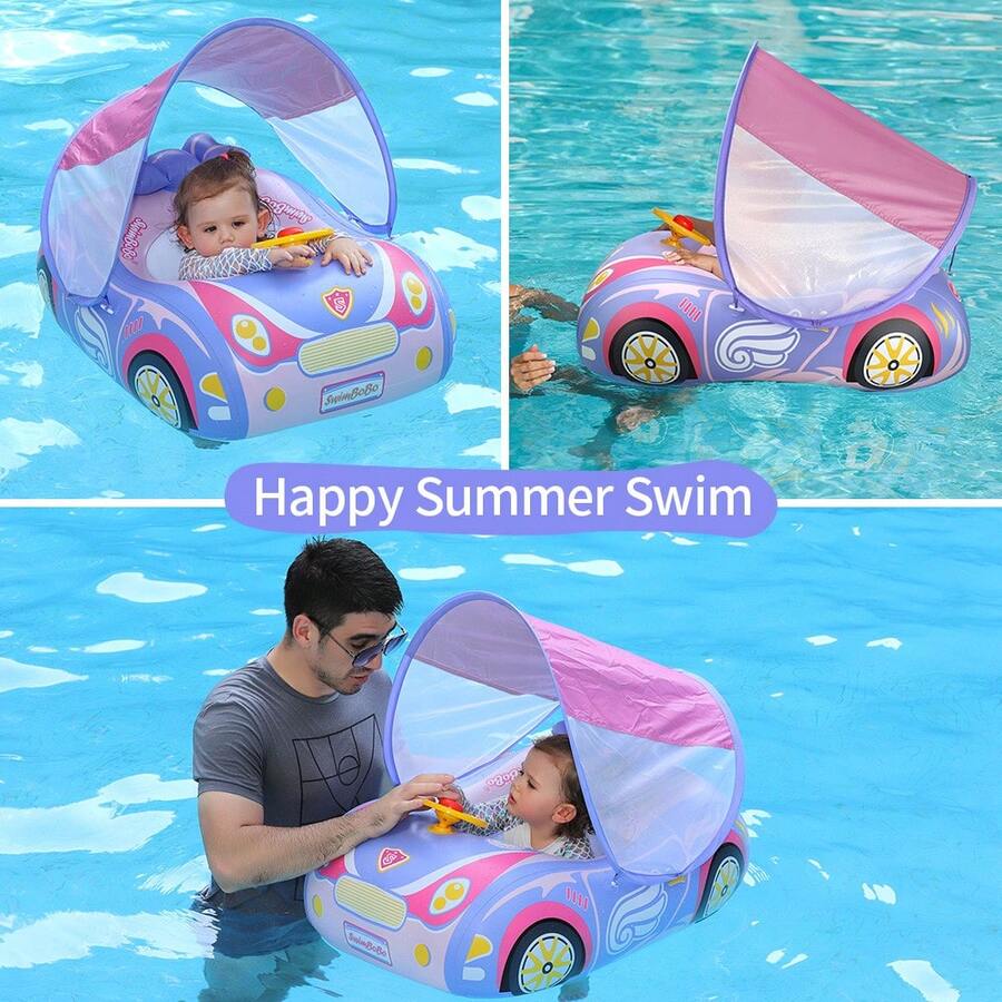 Swimbobo Kids Swimming Float With Canopy UPF50+ And Toy Steering Wheel, Pink Boat-Shaped Racing Car Swim Ring - Pink - View 1