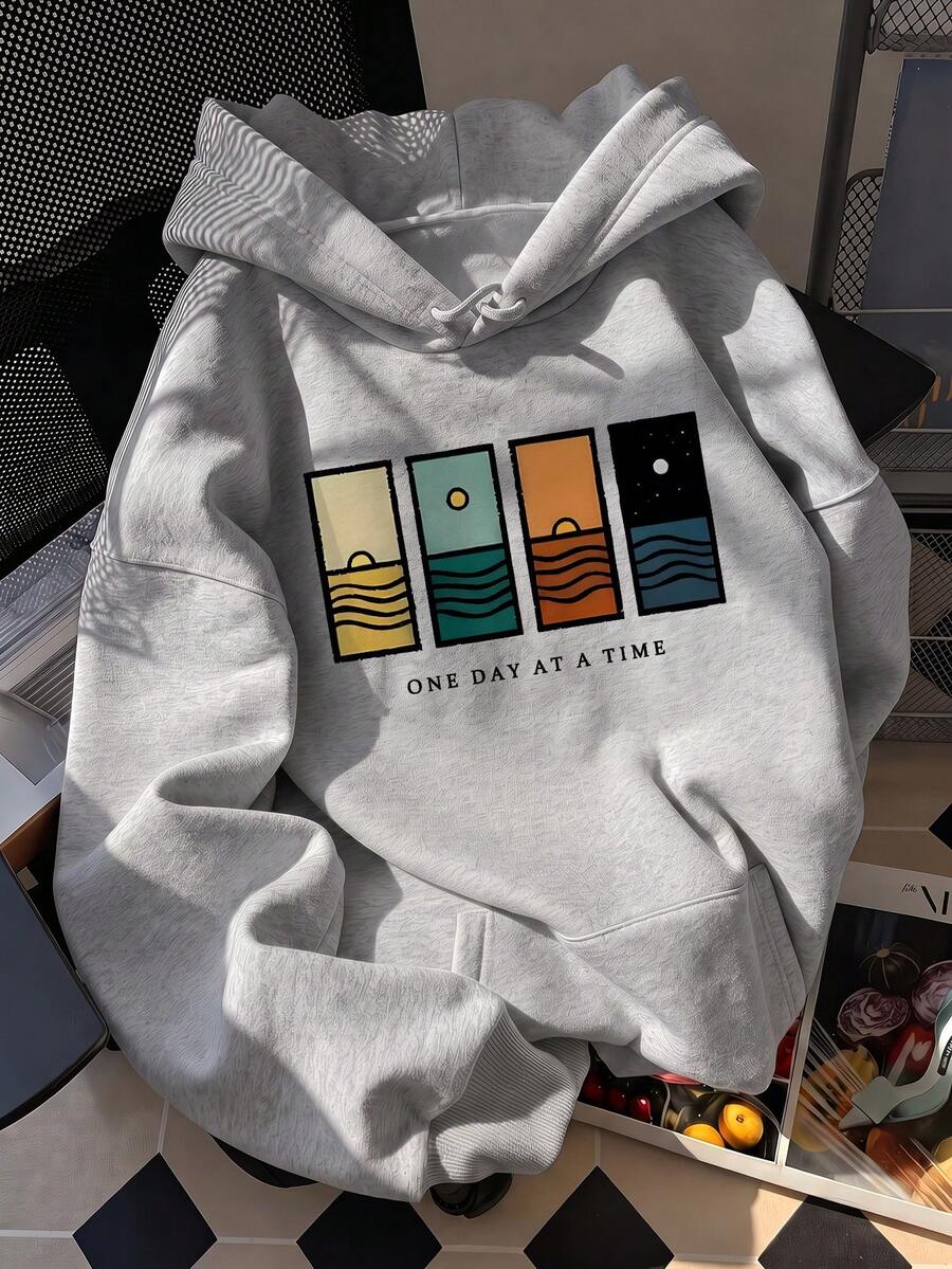 1pc Women's Abstract Sun Wave Slogan Print Loose Comfortable Aesthetic Pullover Sweatshirt, Autumn/Winter Daily Streetwear Campus - Dark Gray - View 1