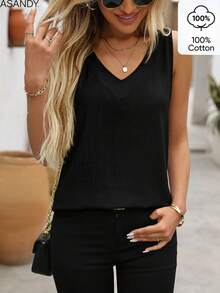 Women's Premium Casual V-Neck Sleeveless Blouse Black - Black - View 1