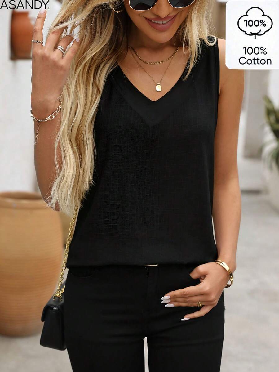 Women's Premium Casual V-Neck Sleeveless Blouse Black - Black - View 1